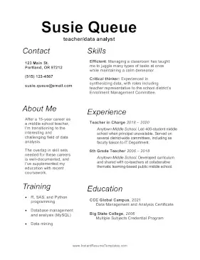 Career Change From Teacher Resume