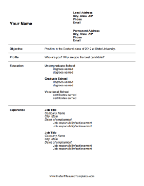 Graduate School Admissions Resume