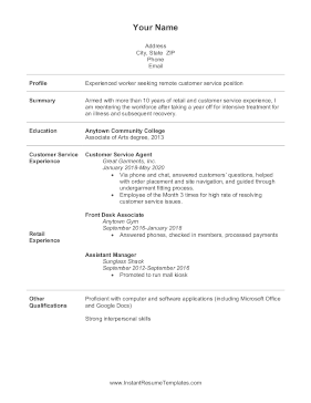 Reentering Workforce After Illness Resume (A4)