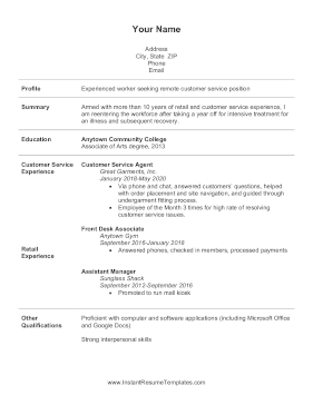 Reentering Workforce After Illness Resume